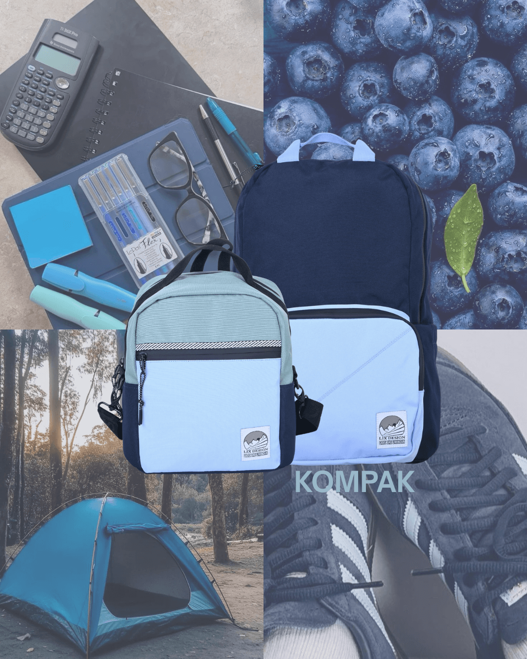 Sac a dos et boite a lunch hydrofuge de couleur bleu résistant a l'eau fabriqué de matières recyclés en bouteilles de plastique récupérées.