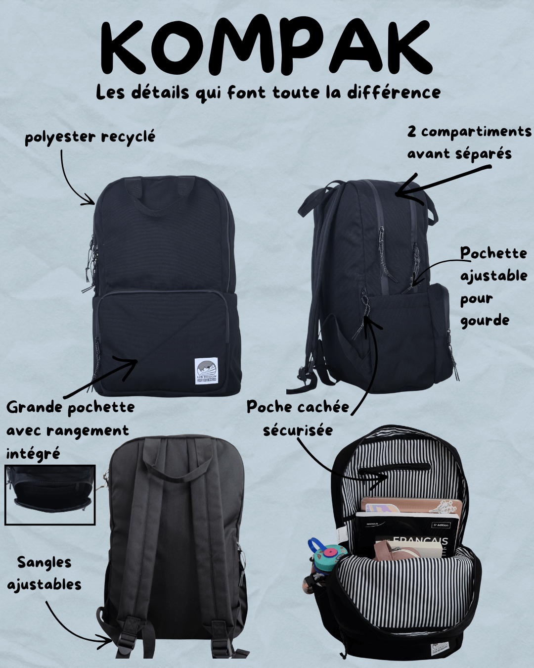 KOMPAK black backpack + lunch box set