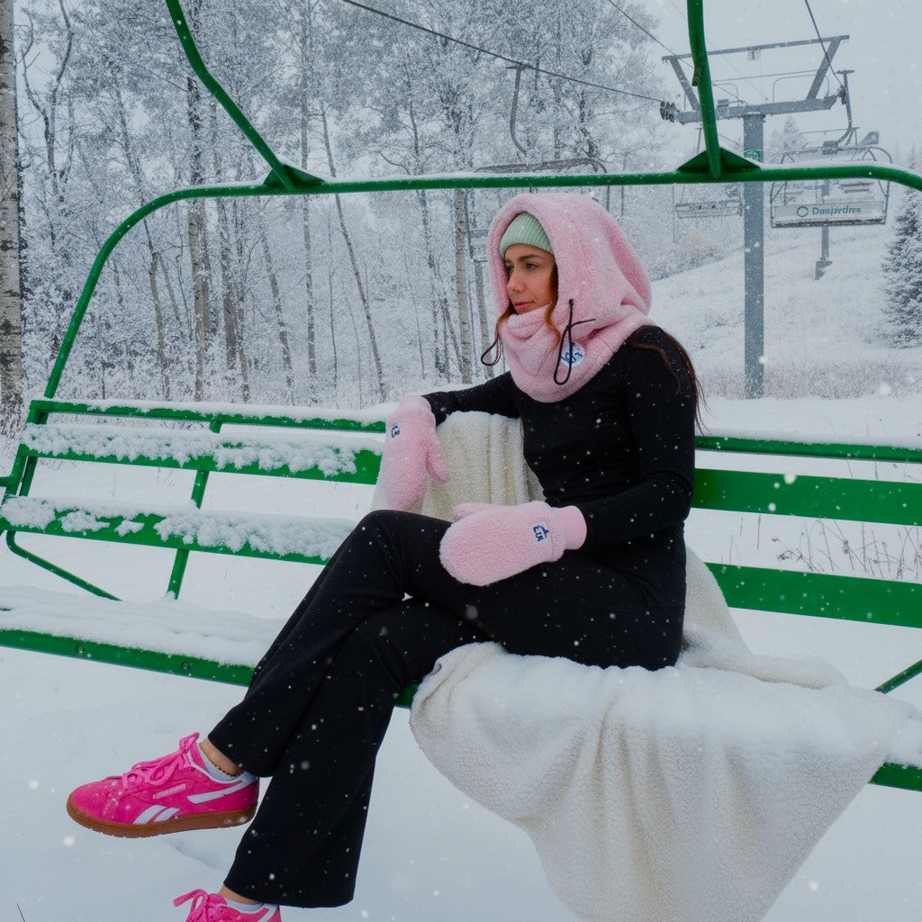 Passe montagne, hooder de couleur rose avec mitaines assorties de couleur rose.