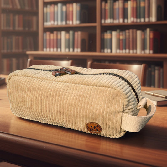 Étui en velours côteler beige concu pour l'école par Lix design. Grande ouverture double sens pouvant contenir tous tes essentiels de voyage.