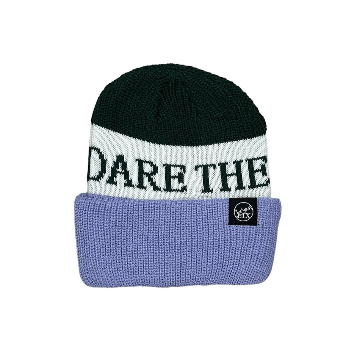 Lix design tuque multicolore avec du mauve, du vert et du blanc et l'inscription ''dare the unknown'' en vert.