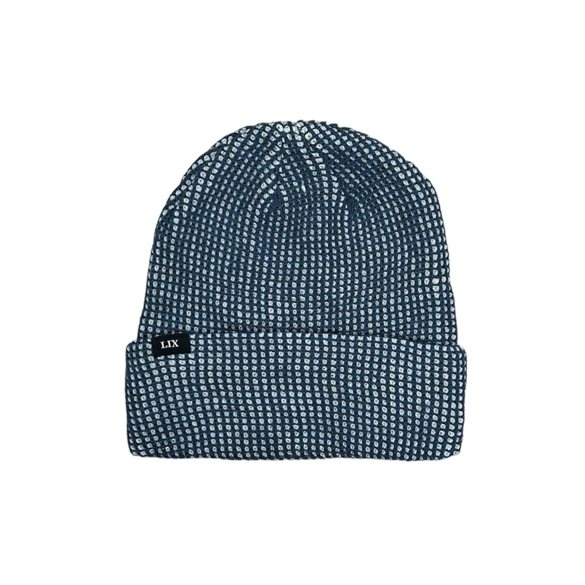 Lix design tuque en acrylique trois couleurs, bleu foncé, bleu pâle et pêche.