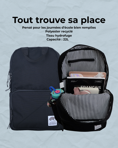 Sac à dos école noir LIX Design – Backpack écoresponsable, marque québécoise.