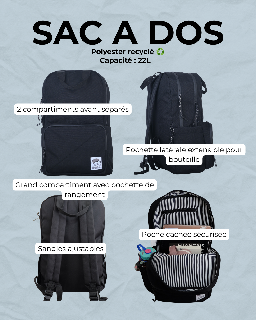 Sac à dos école noir recyclé LIX Design – Polyester recyclé, conception québécoise.
