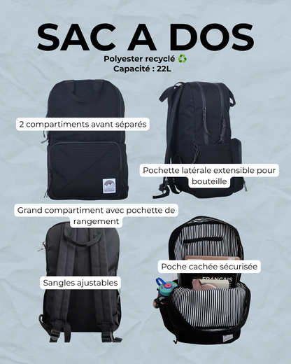 Sac à dos école noir recyclé LIX Design – Polyester recyclé, conception québécoise.