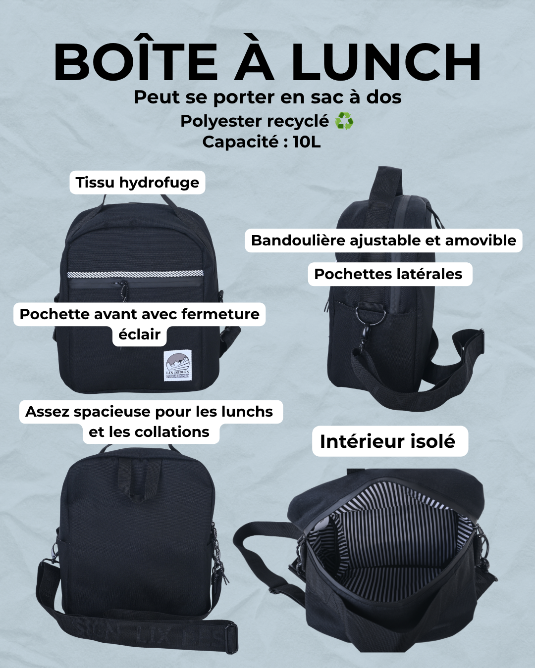 Boîte à lunch école noire LIX Design – Accessoire écoresponsable, marque québécoise.