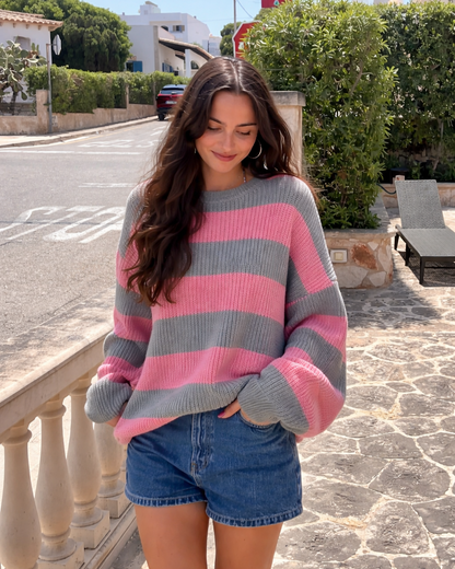 Trico rayé rose et vert ample oversize. Concu par lix pour homme et femme une entreprise québécoise. 