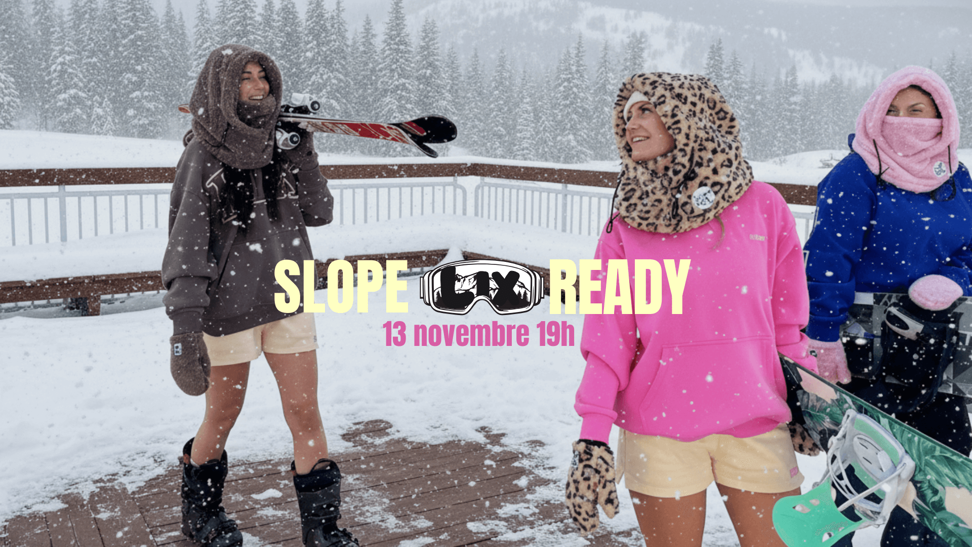 lix bannière de la collection slope ready avec les 3 hoodies a intérieur velours de couleur rose, bleu et brun. 