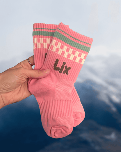 Bas rose vert brune et blanche avec inscription ski bum. Bas rose pour enfant 7 - 12 ans. 