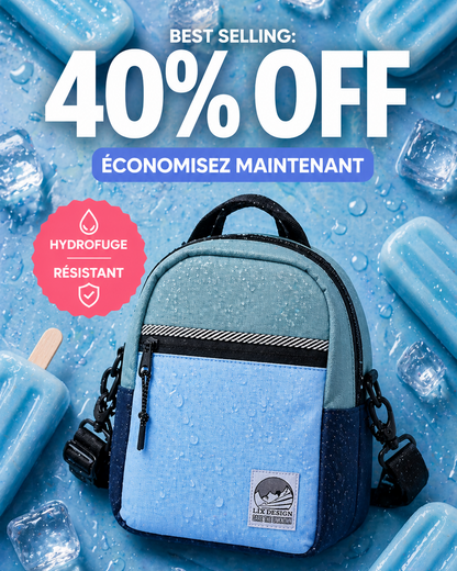 Boite a lunch bleu avec bandoulière qui se transforme en sac a dos isolée. Garde les aliments au frais pendant plusieurs heures. Concu par lix une entreprise québécoise. 