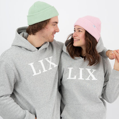 Lix design hoodie a capuche chandail de couleur gris pâle avec imprimé LIX en avant de couleur blanc. 