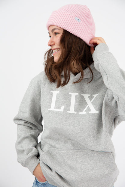 Lix design hoodie à capuche de couleur gris pâle avec inscription LIX en blanc au devant. Tissu de qualité avec intérieur velours. Doux et confortable. 