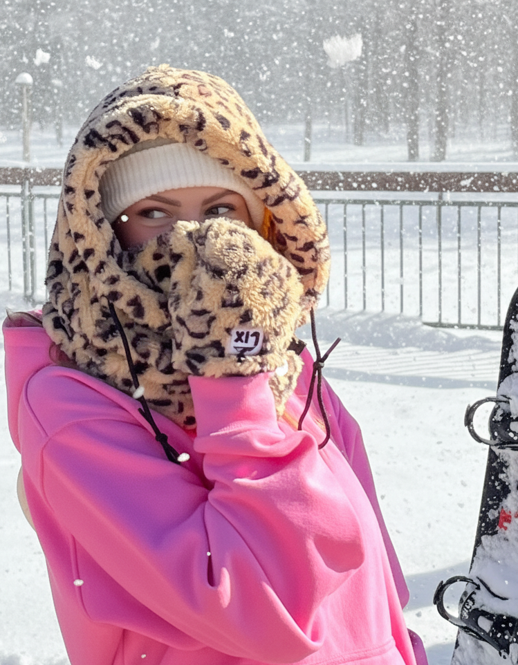 Hooder léopard. Passe montagne de couleur léopard avec les mitaines léopard assorties. 