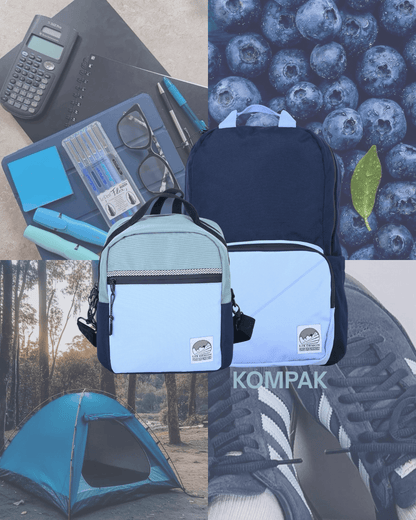 Sac a dos et boite a lunch hydrofuge de couleur bleu résistant a l'eau fabriqué de matières recyclés en bouteilles de plastique récupérées. 