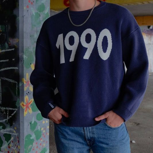 Lix tricot bleu année 1990 blanc vintage et rétro. 