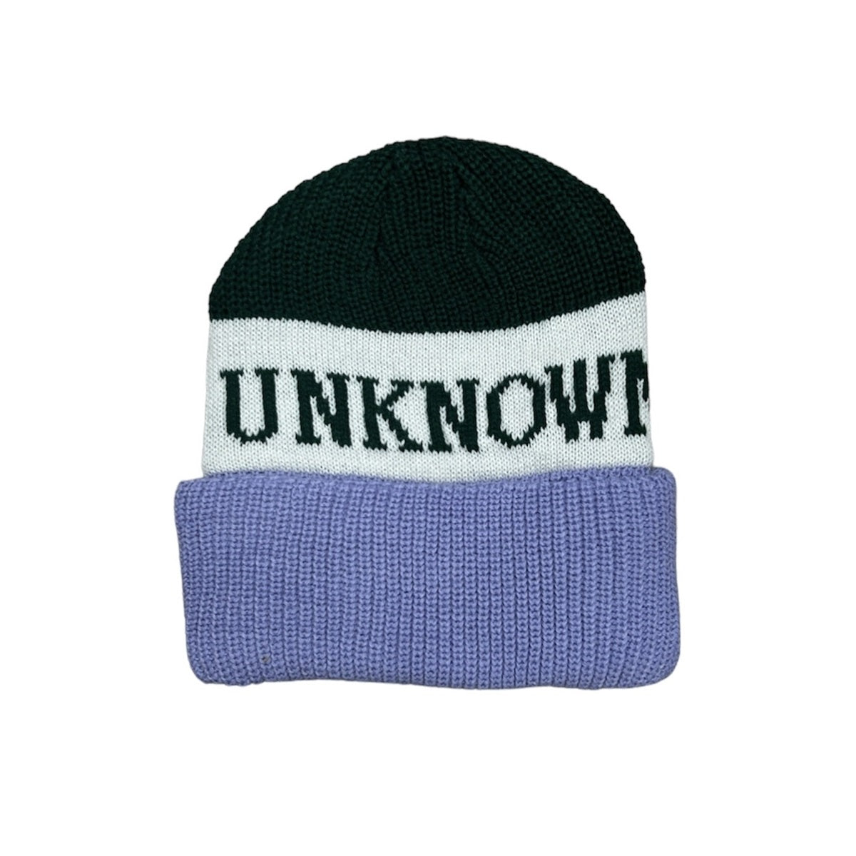 Lix design tuque multicolore avec du mauve, du vert et du blanc et l'inscription ''dare the unknown'' en vert.  