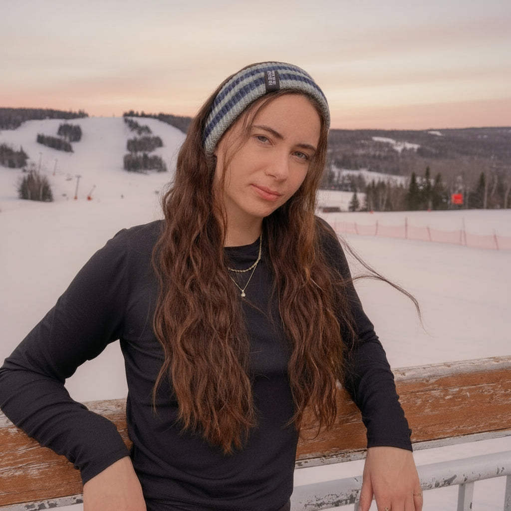 Lix bandeau en tricot bleu et vert pour les journée d'automne. 