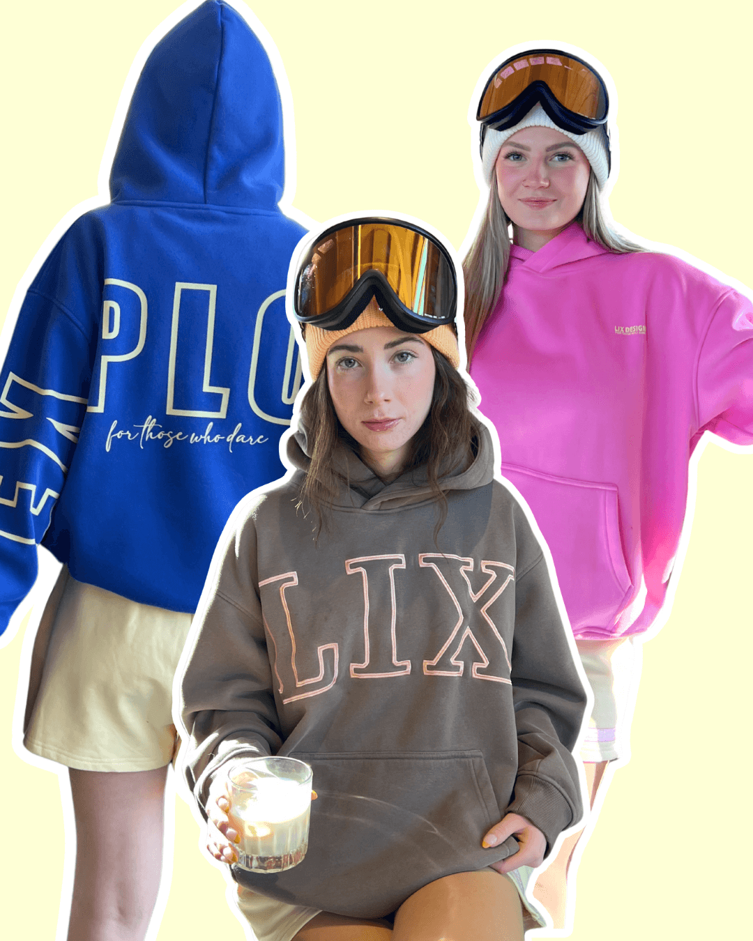 Trio de hoodie Sr avec le chandail rose le hoodie bleu et le hoodie brun.