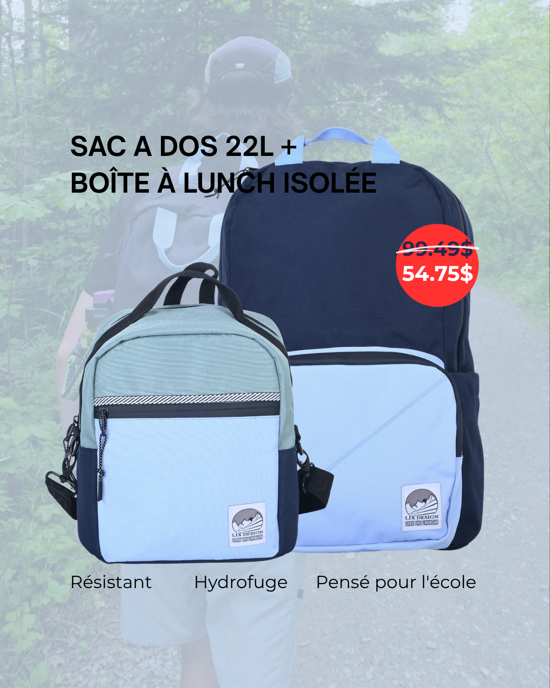 Combo sac d'école et boîte à lunch bleu LIX Design – Set école écoresponsable québécois.