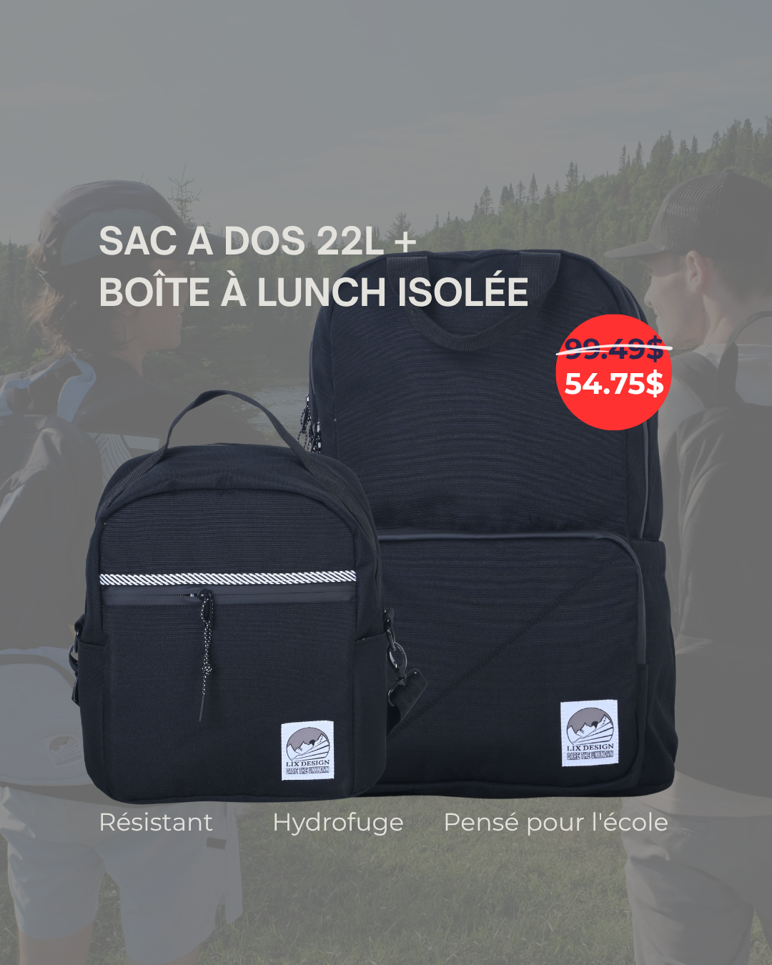 Combo sac d'école et boîte à lunch noir LIX Design – Set école écoresponsable québécois.