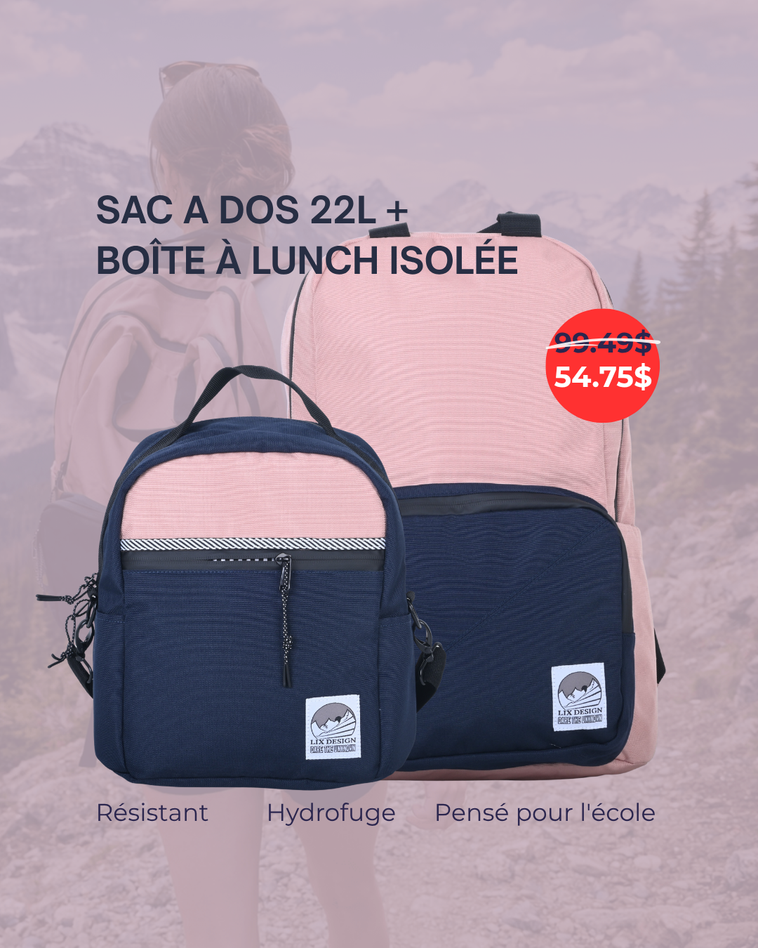 Combo sac d'école et boîte à lunch rose LIX Design – Set école écoresponsable québécois.