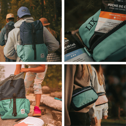 Économise 15% sur l'ensemble blue school comprenant un sac à dos en polyester recyclé de couleur bleu et turquoise, un sac bandoulière de couleur bleu et un étui de couleur turquoise conçu par lix une entreprise Québécoise. 