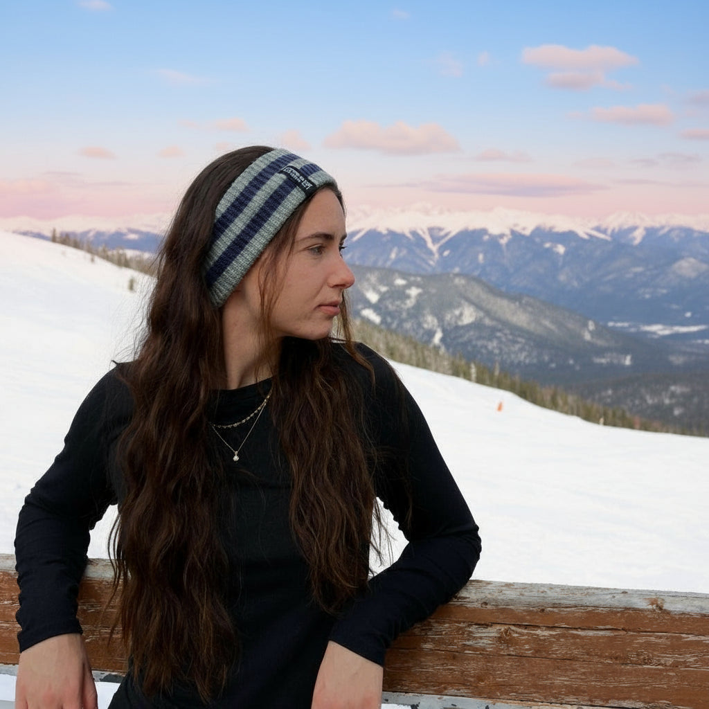 Lix bandeau en tricot vert et bleu. 