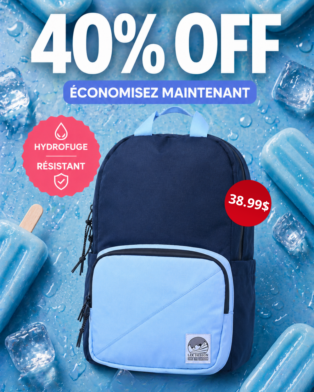 Sac a dos hydrofuge pour l'école de couleur bleu marin et bleu pâle. Hydrofuge et résistant. Concu par lix une entreprise québécoise. 
