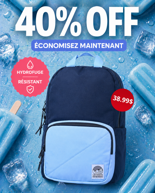 Sac a dos hydrofuge pour l'école de couleur bleu marin et bleu pâle. Hydrofuge et résistant. Concu par lix une entreprise québécoise. 