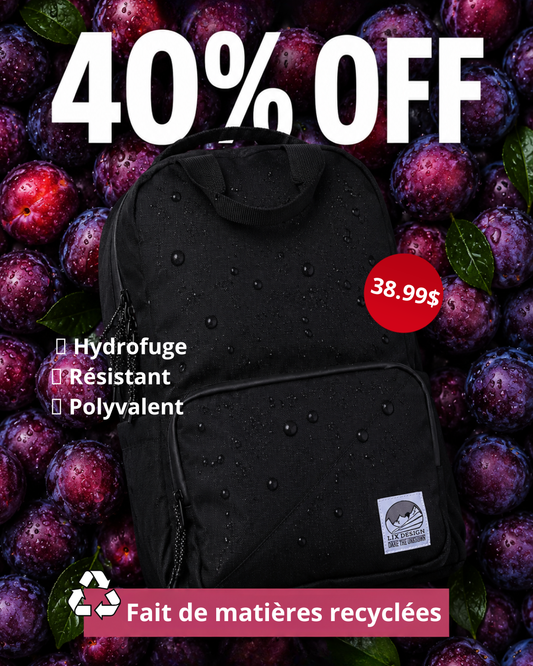 Sac à dos de couleur noir hydrofuge et concu par lix pour etre résistant. Sac d'.école format idéale avec plusieurs pochettes pour plus de rangement. Concu par lix une entreprise québécoise. 